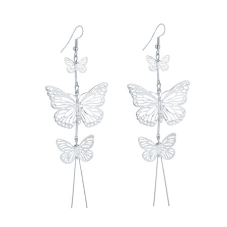 Delicate Filigree Dangle Triple Butterfly Drop Hook Earrings - Silver tone