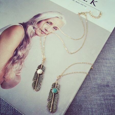 Bohemian Retro Gold Turquoise Feather Pendant Neck