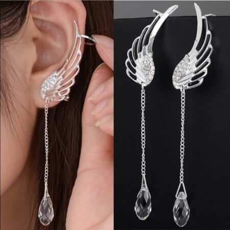 Angel Wing Silver Dangle Ear Clip - CLIP Style (no piercing needed)