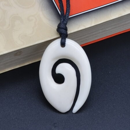 Stunning Hand Carved Oval Koru (Spiral) Bone Pendant Necklace