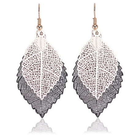 Dangling Veined Leaf Hook Earrings - 55mm Drop - Dark Grey
