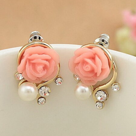 Vintage Pink Rose and Simulated Pearl Stud Earrings
