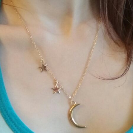 Cute Gold Sequins Charm Stars & Moon Pendant Necklace