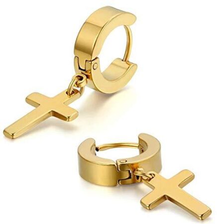 Stainless Steel Cross Huggie Hoop Earrings - Approx 10mm hoop - Gold tone
