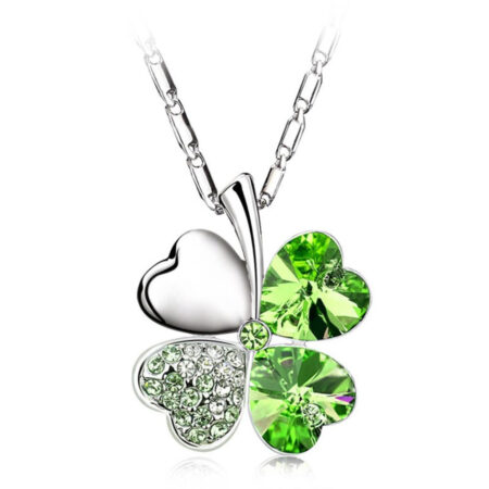 Rhinestone Silver plated 4 Leaf Clover Pendant Necklace - Irish Green