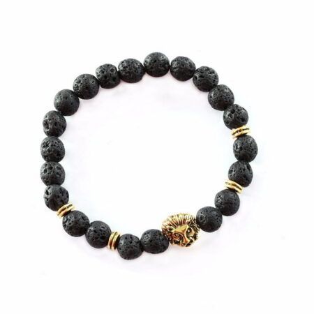 Lion Head Bracelet with Black Lava Healing Balance Beads Reiki Buddha Prayer