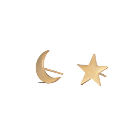 Stainless Steel Star and Moon Asymmetric Space Stud Earrings - Gold tone