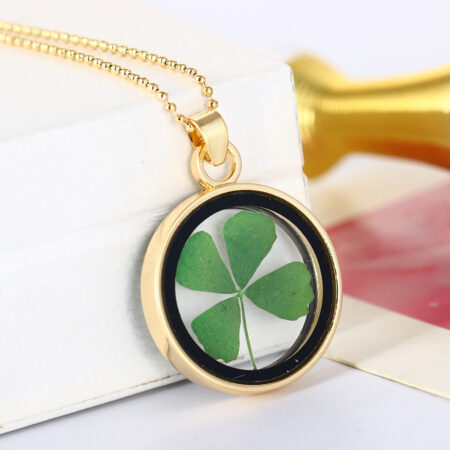 Goldtone Dried 4 Leaf Clover Flower Glass Enclosure Pendant Necklace