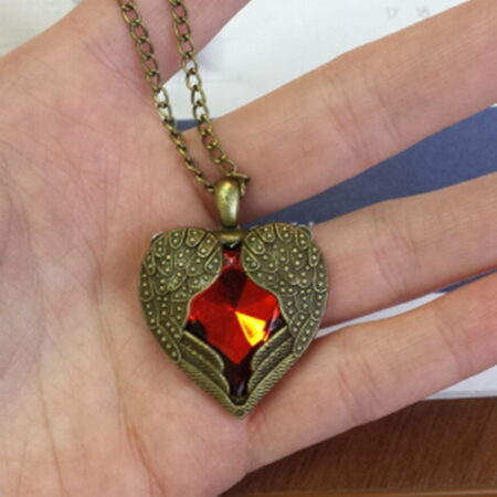 Stunning Antique Gold Angel Wing Red Heart Pendant Necklace