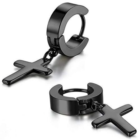 Stainless Steel Cross Huggie Hoop Earrings - Approx 10mm hoop - Black tone