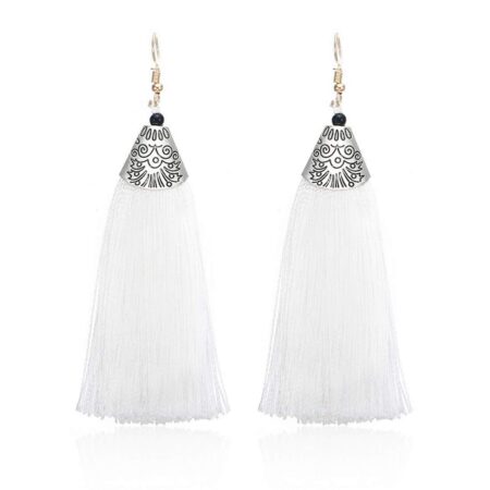 Vintage Fashion Bohemian Tassel Drop Hook Earrings with an Approx 80mm - White