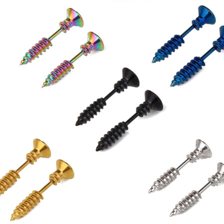 5 Pair Pack - Stainless Steel Screw Earrings - Gold, Silver, Blue, Black, Multi
