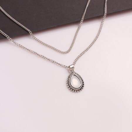 Pretty Antique Silver Tone Water Drop Stone Pendant Necklace -