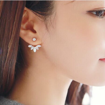 Silvertone Drop Leaf and Crystal Push Back Stud Earrings