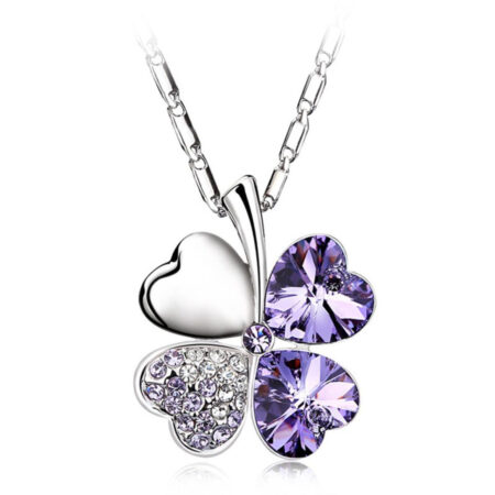 Rhinestone Silver plated 4 Leaf Clover Pendant Necklace - Purple Colour
