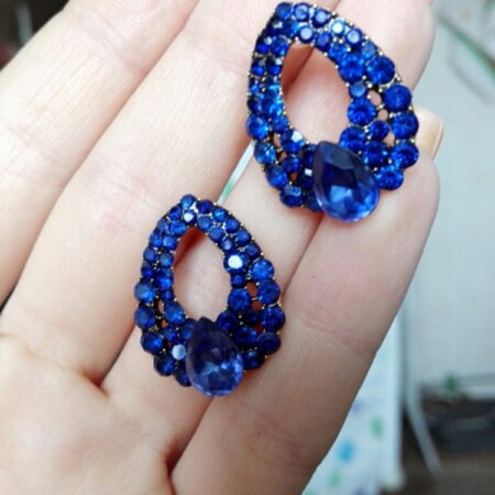 Blue Crystal Oval Shaped Push Back Stud Earrings