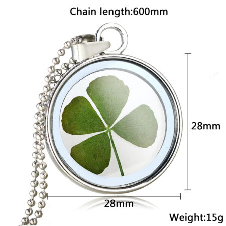 Silvertone Dried 4 Leaf Clover Flower Glass Enclosure Pendant Necklace