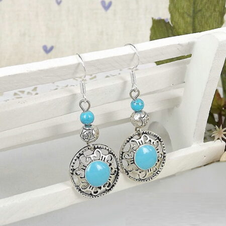 Turquoise Boho Tibet Silver Round Drop Hook Earrings