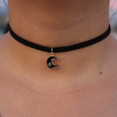 Gothic Short Choker Necklace - Black Crescent Moon with Gold Trim