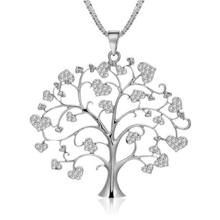 Perfect Gift - Tree of Life Rhinestone Leaves Silver Pendant Necklace - Silver