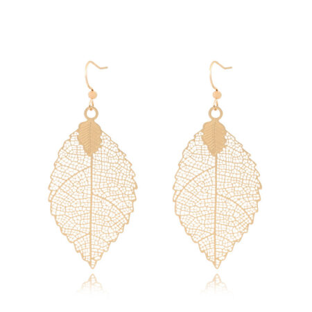 Dangling Veined Leaf Hook Earrings - 60mm Drop - Gold