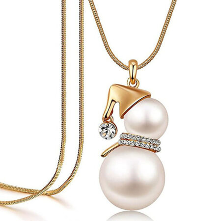 Cute Faux Pearl Snowman Long Pendant Necklace - Approx 5cm Pendant - Gold