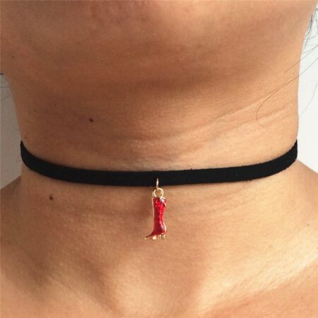 Black Velvet Ribbon Pendant Choker Cecklace - Red Crystal Cowgirl Boot