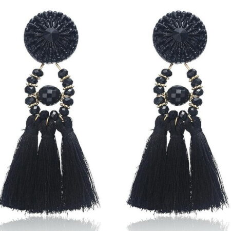 Fringe Resin Bead Tassel Earrings - Approx 98mm drop- Black