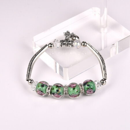 Antique Silvertone glass beaded flower bracelet - Green Envy