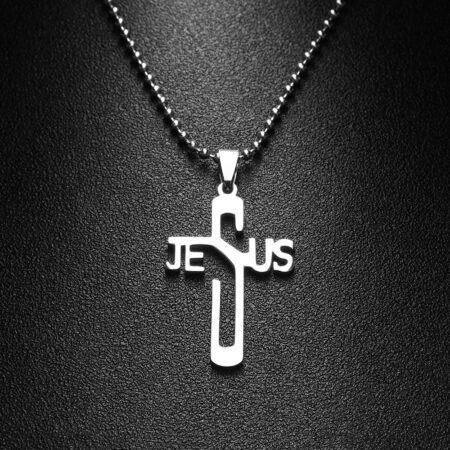 Stainless Steel Silver Jesus Worded Cross Pendant Necklace